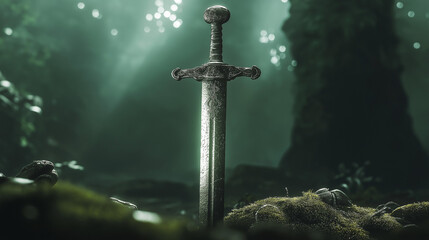 Naklejka premium A silver sword centered on a abandoned place, symbolizing strength and clarity. 