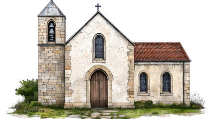 Obraz premium Rustic Stone Church Watercolor Illustration with Terracotta Roof