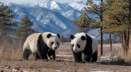 Obraz premium Two Adorable Panda Cubs in a Mountain Landscape, Symbolizing Conservation and Environmental Awareness for Educational Materials and Wildlife Campaigns