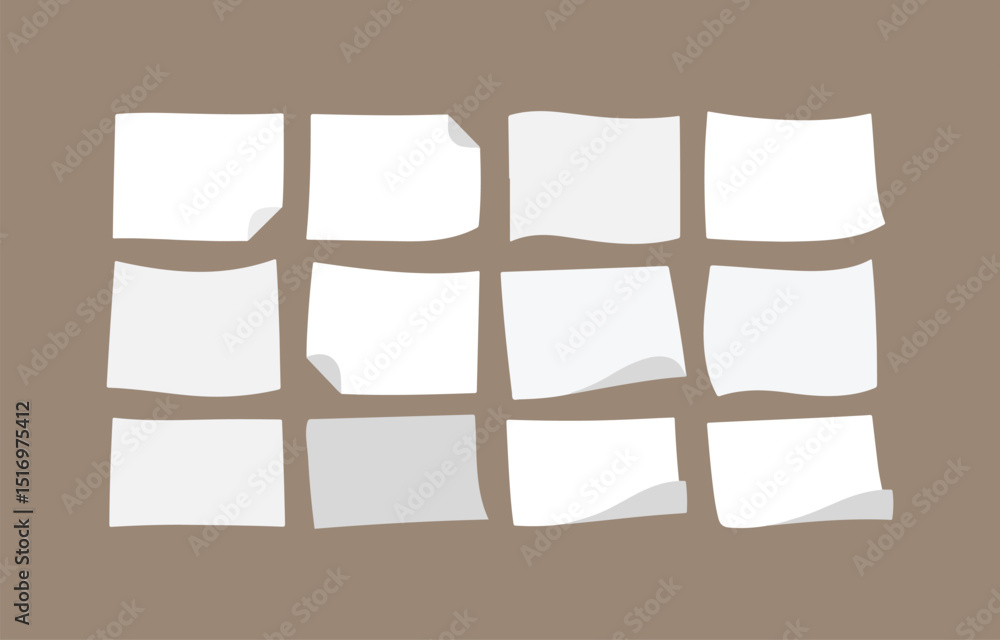Poster collection of twelve white paper sheets with curled edges on a solid brown background for notes remi