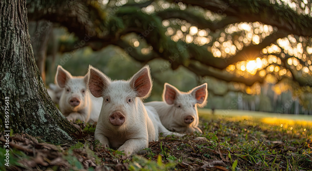 Poster three cute piglets resting under a tree at sunset, symbolizing animal welfare and sustainable farmin