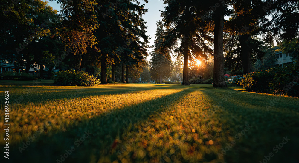 Poster sunlight streaming through trees in a park setting, ideal for outdoor recreation and promoting a sen
