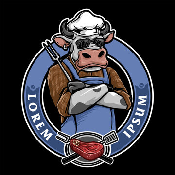 chef cow with barbeque badge vector illustration