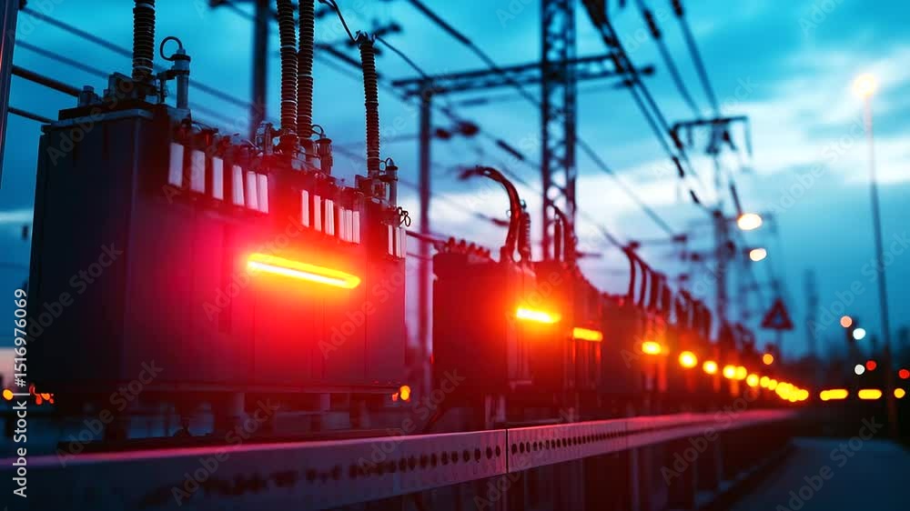 Poster a bustling electrical substation with high-voltage transformers arranged in a row, safety barriers c