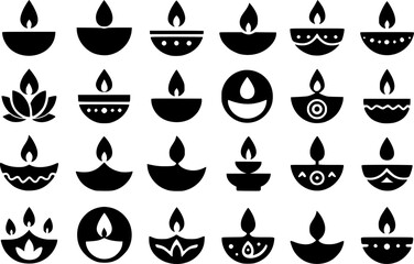 A collection of stylized diya designs, perfect for Diwali celebrations or general Indian cultural representation.