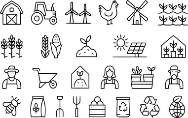 Simple Line Icons Representing Sustainable Agriculture and Farming Practices