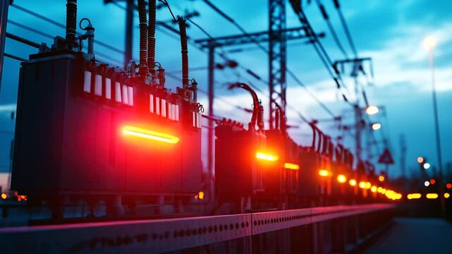 A bustling electrical substation with high-voltage transformers arranged in a row, safety barriers creating a clear perimeter, while flashing warning lights and hazard signs convey
