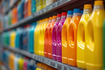 Laundry Detergent Bottles on Supermarket Shelf Displaying Various Colors and Liquid Products for Home Cleaning