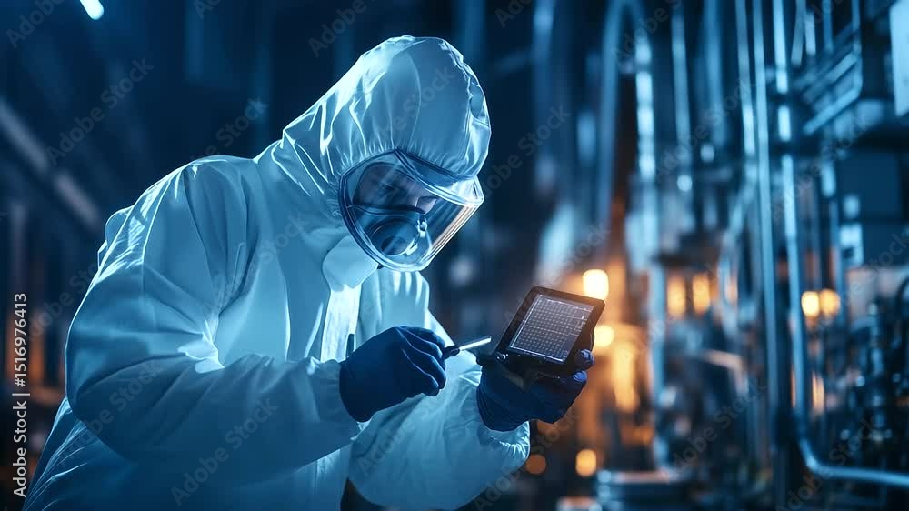 Poster a detailed inspection scene where a worker in a protective suit conducts thermal scans on a power tr