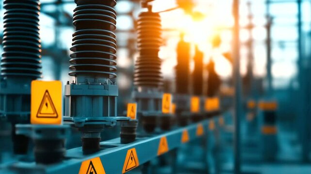 A detailed view of several high-voltage transformers, with robust safety barriers and yellow hazard warning signs clearly visible, metal structures reflecting the harsh sunlight as