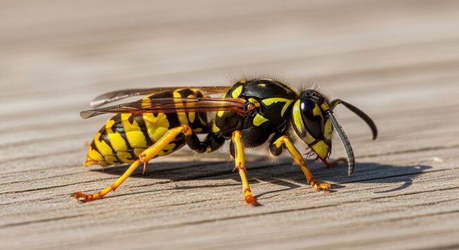 Close-up of a yellow jacket wasp on wooden surface in natural light