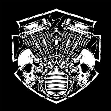 engine with skulls motorcycle vector badge