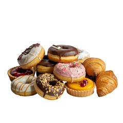 Indulgent pile of sugary goodness with donuts croissants tarts and more on on transparent background