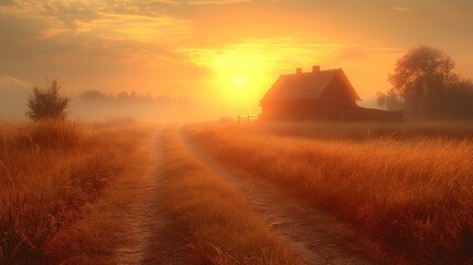 Sunrise over a country road.  Golden light bathes a rustic house, hazy mist fills the field