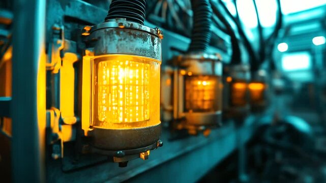 A gritty close-up of a large substation transformer unit, showcasing weathered metal textures, densely packed high-voltage wiring, and oil-filled cooling chambers reflecting ambien