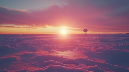 Sunrise over a snowy, cloud-filled plain