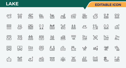 Lake icon set. Collection of simple line web icons. Landscape icon collection. Contain linear sign river, nature, sea, mountain, park, plant and more.