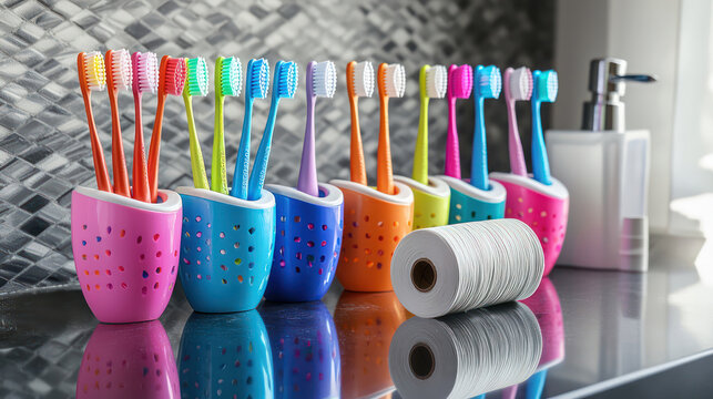 A vibrant set of toothbrushes in various bright colors arranged in a sleek holder, paired with dental floss rolls on a polished counter