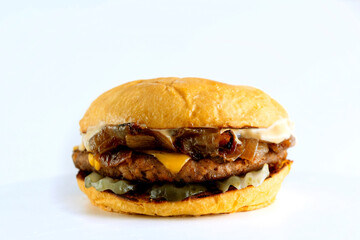 A catalog of burgers in different varieties with potato buns, meat and vegan medallions with lettuce, tomato, bacon, cucumbers, cheddar cheese, and American-style caramelized onions.