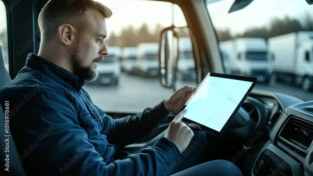 Poster a logistics coordinator sitting inside a truck, analyzing a tablet showing an interactive map with r