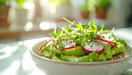 Fresh Avocado Toast with Radish and Microgreens in Bright Morning Light