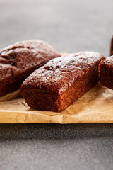 Financier biscuit chocolate cookie sweet dessert fresh delicious gourmet food background on the table rustic food top view copy space