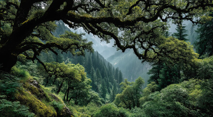 Obraz premium Lush Green Forest Canopy Framing Distant Mountains, Evoking Natural Beauty and Environmental Awareness for Conservation Campaigns