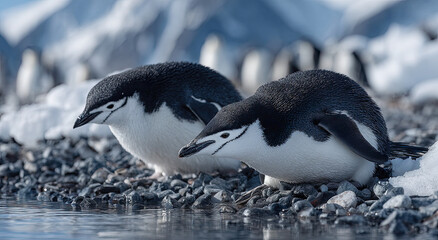 Naklejka premium Two Chinstrap Penguins Standing on Rocky Shoreline in Antarctica, Showcasing Wildlife Conservation and Environmental Awareness