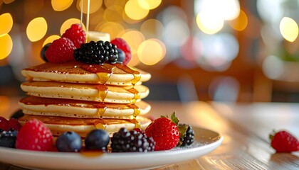Fluffy Pancakes Topped with Butter, Syrup, and Fresh Mixed Berries