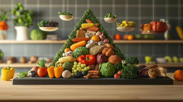 A virtual classroom with a floating 3D food pyramid, displaying nutrients and health benefits above each food group.