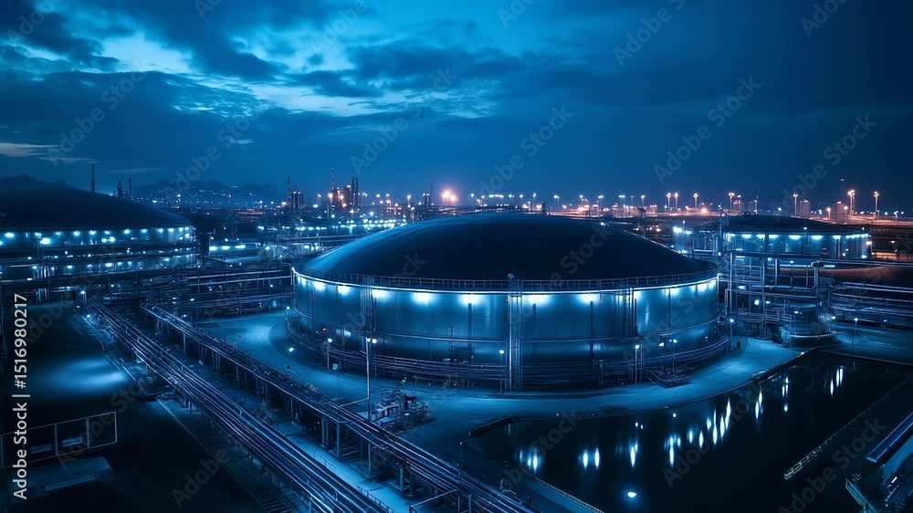 Poster a night shot of the lng storage tank gleaming like a silver dome under intense illumination, surroun