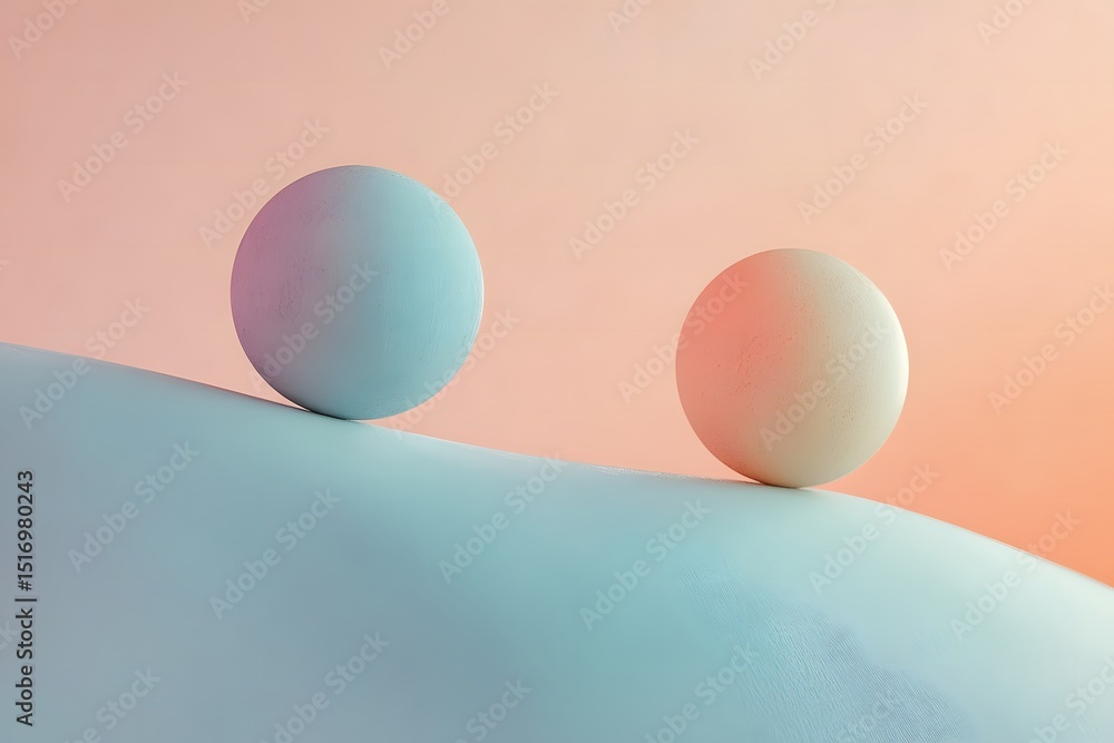 Poster two pastel spheres, one blue and one peach, balanced on a smooth, curved surface, creating a serene 