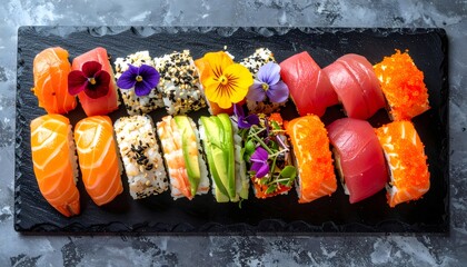 Assorted Nigiri and Sushi Rolls with Colorful Toppings and Flower Garnish