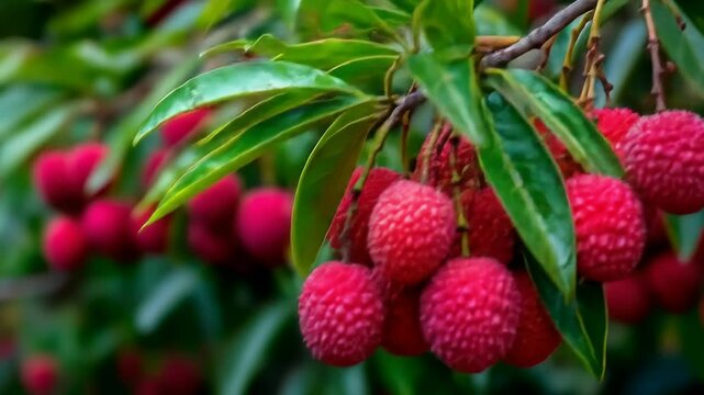 Red litchi fruit in a tree branch with green leaves. Healthy tropical fruit growing in nature. Fresh harvest. Food and agriculture footage.