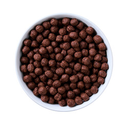 chocolate corn balls in a ceramic bowl isolated on a white background, top view.