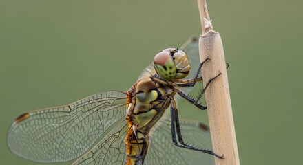 Close-up of dragonfly on a stem with detailed wings