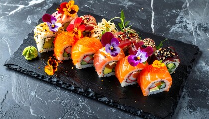 Vibrant Sushi Assortment with Fresh Seafood, Microgreens, and Floral Garnish