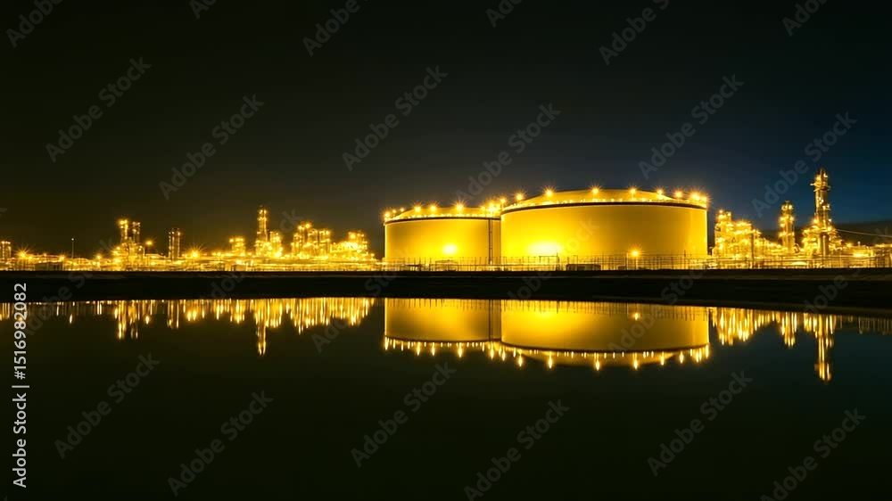 Poster a wide frame capturing the lng storage tank gleaming in the distance, protected by state-of-the-art 