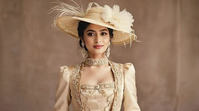 Vintage inspired fashion model wearing 1920s flapper dress, pearl necklace, and classic hat, embodying elegant glamour against pristine white studio backdrop