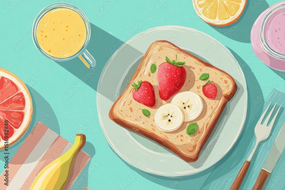 Poster healthy breakfast featuring toast topped with fresh fruit and a refreshing smoothie in a vibrant and