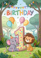 Obraz premium 1st Birthday Card – Jungle Baby Animals Happy Birthday Number One