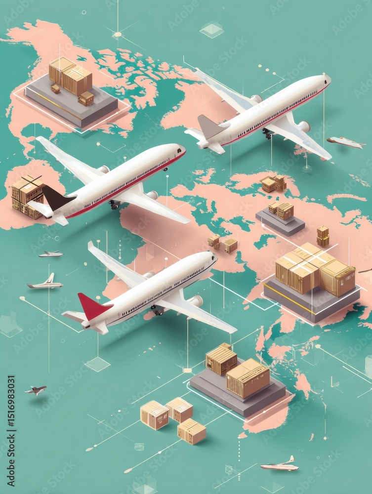 Leinwandbilder global package delivery illustrated with planes transporting boxes over a world map in light layout