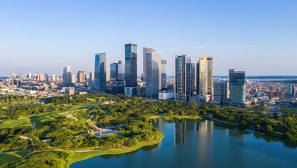 Obraz premium Aerial view of a modern city skyline with lake and green park