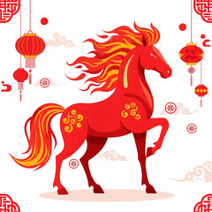 Vibrant Fire Horse Illustration with Red Lanterns for Chinese New Year Cards, Posters, and Festive Decor Designs