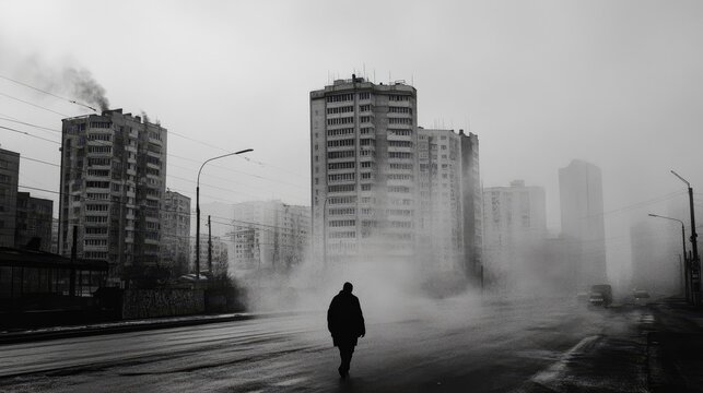 Fototapeta A photo of a man walking down the street, the photo is blurred due to traffic. The photo has fine grain, the photo is darkened, the street is empty, black and white photo, there is a small smoke in th