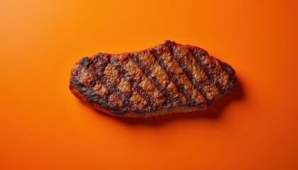Pan-fried skirt steak on orange background with top view shot