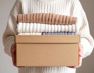 Person holding a box filled with neatly folded knitted sweaters indoors.