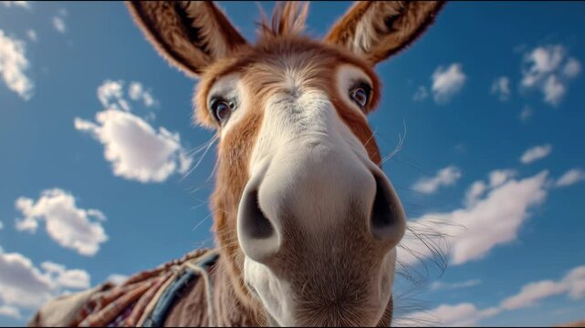 Funny donkey with expressive face under bright blue sky and fluffy clouds in a sunny rural setting

