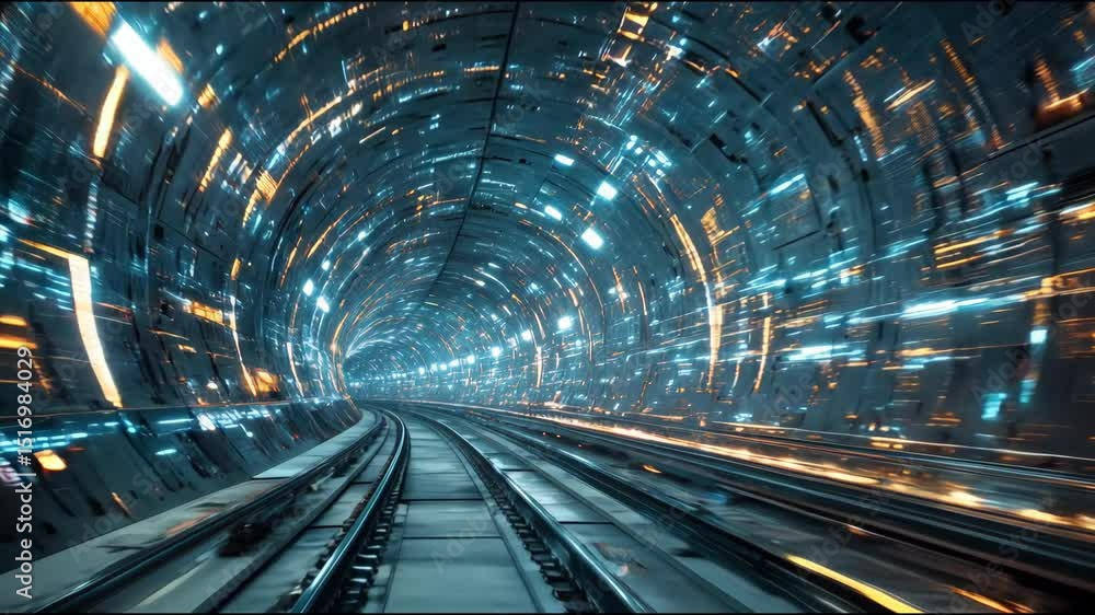 Poster futuristic tunnel illuminated by glowing lights and digital patterns in a cosmic environment showcas