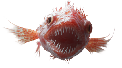 A close-up view of a vibrantly colored fish. The open mouth of the fish showcases sharp teeth, highlighting its predatory nature. The image emphasizes the intricate details of the scales and fins.